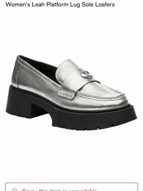 New Coach Leah Platform Lug Sole Silver Leather Loafers